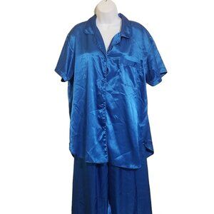Edgemont Womens Satin Pajamas 1X Pants Top 2 Pc Lounge Set Blue Polyester